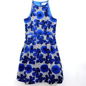 Belle Badgley Mischka Royal Blue Flora Ribbed Stripe Halter Style Dress